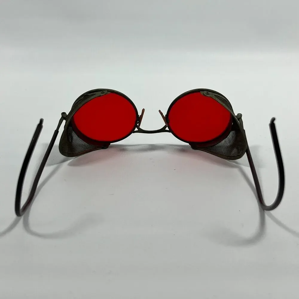 WELSH Safety Goggles WWII Sunglasses Red Lenses Metal Mesh Sides Steampunk VTG